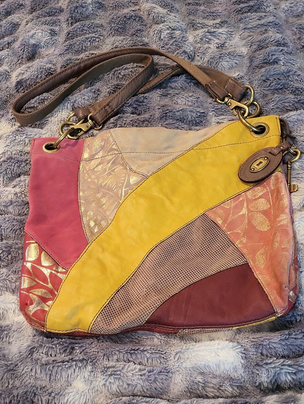 Fossil Patchwork Leather Shoulder Bag in Yellow, Pink & Brown